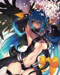  armpits blue_hair bow breasts cleavage dizzy guilty_gear large_breasts long_hair navel one_eye_closed oro_(sumakaita) red_eyes solo tail tail_bow thighs twintails underwear very_long_hair wings 