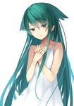  bare_shoulders collarbone dress green_eyes green_hair hair_flaps hands_together long_hair looking_at_viewer necolab saya saya_no_uta simple_background sleeveless sleeveless_dress solo sundress very_long_hair white_background white_dress 