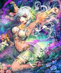  :d anklet armpits arms_up barefoot blue_eyes field flower flower_field hairband jewelry long_hair navel open_mouth shingoku_no_valhalla_gate silver_hair sitting skirt smile solo umiu_geso wariza 