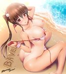  artist_name ass bare_shoulders beach bikini breasts brown_hair bunny_hair_ornament hair_ornament large_breasts looking_at_viewer maruwa_tarou nipples one-piece_tan original outdoors red_eyes signature smile solo swimsuit tan tanline twintails untied untied_bikini water wrist_cuffs 