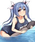  bare_shoulders blue_hair blush breasts don_(29219) hair_ornament hair_ribbon holding holding_torpedo hug i-19_(kantai_collection) kantai_collection large_breasts long_hair looking_at_viewer name_tag object_hug one-piece_swimsuit red_eyes ribbon school_swimsuit smile solo star star-shaped_pupils swimsuit symbol-shaped_pupils torpedo twintails twitter_username wading water 