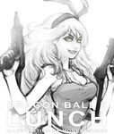  artist_name blurry breasts character_name cleavage copyright_name dragon_ball dragon_ball_(classic) dual_wielding earrings eyelashes green_eyes greyscale grin gun hairband holding imi_uzi jewelry lunch_(dragon_ball) medium_breasts monkey_rider monochrome smile solo spot_color submachine_gun tank_top weapon 