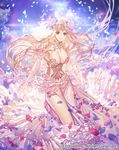  blonde_hair breasts character_request cleavage company_name dragon's_shadow flower hair_flower hair_ornament large_breasts long_hair official_art petals purple_eyes solo very_long_hair yna 