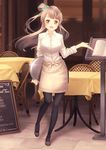 :d apron bangs black_legwear blush bow breasts brown_hair cafe chair collared_shirt english full_body hair_bow holding large_breasts lens_flare long_hair long_sleeves looking_at_viewer love_live! love_live!_school_idol_project menu_board minami_kotori nagareboshi one_side_up open_mouth outstretched_hand pantyhose pavement restaurant shirt sleeves_folded_up smile solo table tablecloth text_focus tray waist_apron waitress white_shirt yellow_eyes 