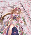  absurdres blonde_hair braid breasts cherry_blossoms cleavage fate/apocrypha fate/grand_order fate_(series) flower highres japanese_clothes jeanne_d'arc_(fate) jeanne_d'arc_(fate)_(all) kimono legs long_hair looking_at_viewer medium_breasts nikek96 off_shoulder single_braid solo sword type-moon very_long_hair weapon 