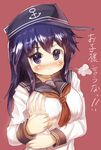  age_conscious akatsuki_(kantai_collection) alternate_breast_size blush breast_grab breasts danbo_(rock_clime) grabbing guided_breast_grab hat highres kantai_collection large_breasts long_hair looking_at_viewer neckerchief out_of_frame pov pov_hands purple_eyes purple_hair red_neckwear school_uniform serafuku solo_focus translated upper_body 