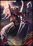  bad_id bad_pixiv_id blade_&amp;_soul fishnets long_hair looking_at_viewer na_in-sung orange_eyes pauldrons pink_hair skin_tight solo sword town very_long_hair weapon 