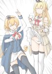  2girls akara_kai black_thighhighs blonde_hair blue_capelet blue_overskirt breasts capelet closed_eyes corset crown cup dress earrings flower hair_between_eyes hairband half_up_braid highres jewelry kantai_collection long_hair long_necktie long_sleeves low-tied_long_hair mini_crown multiple_girls necklace off-shoulder_dress off_shoulder panties plate red_flower red_rose rose shirt smile teacup thighhighs underwear valiant_(kancolle) warspite_(kancolle) white_corset white_dress white_panties white_shirt white_thighhighs 