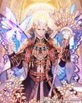  armor blonde_hair bug butterfly butterfly_wings circlet dragon's_shadow gem grey_eyes insect long_hair male_focus official_art pointy_ears robe shoulder_armor solo staff tassel watermark white_hair wings yna 