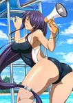  antenna_hair artist_request ass blue_eyes blue_sky breasts cleavage cloud competition_swimsuit day hair_over_one_eye ikkitousen kan'u_unchou large_breasts long_hair low-tied_long_hair megaphone official_art one-piece_swimsuit purple_hair sky solo swimsuit very_long_hair waifu2x 