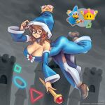  1girl ass bare_shoulders blue_dress blue_headwear blue_sleeves boots breasts brown_footwear brown_hair castle cleavage collarbone detached_collar detached_sleeves dress earrings glasses hat highres huge_breasts jewelry kamek magic magikoopa mario_(series) nail_polish new_super_mario_bros._u_deluxe personification red_eyes red_nails solo super_crown supersatanson thighhighs wand white_legwear wizard_hat 