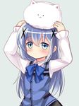  :&lt; angora_rabbit animal arms_up bad_id bad_pixiv_id blue_eyes blue_hair blush bunny gochuumon_wa_usagi_desu_ka? hair_ornament hairclip kafuu_chino long_hair machinicalis rabbit_house_uniform shirt skirt solo tippy_(gochiusa) vest x_hair_ornament 