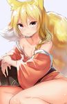  animal_ears bare_shoulders blonde_hair fox_ears grey_background highres light_smile long_hair looking_at_viewer male_focus naso4 otoko_no_ko parted_lips pink_eyes simple_background solo thighs 