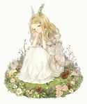 acorn berries blonde_hair dress flower goat_horns grass green_eyes hands_on_own_face horns ivy long_hair looking_at_viewer original rose seuga sitting solo twig white_dress 