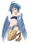  absurdres ahoge bandeau blue_hair blue_wings cosplay cutoffs denim denim_shorts feathered_wings feathers flat_chest full_body groin hair_ornament hairclip harpy highres konno_aoi look-alike midiman midriff monster_girl monster_musume_no_iru_nichijou monsterification navel open_fly open_mouth papi_(monster_musume) scales season_connection short_shorts shorts solo sore_ga_seiyuu! strapless trait_connection transparent_background unbuttoned unzipped wings 