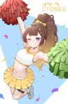  1girl anya_melfissa blonde_hair brown_hair cheering cheerleader highres holding holding_pom_poms hololive hololive_indonesia long_hair multicolored_hair nineroine one_eye_closed pom_pom_(cheerleading) ponytail purple_eyes smile streaked_hair virtual_youtuber 