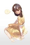  ? absurdres barefoot brown_eyes brown_hair dress feet full_body highres long_hair looking_back original short_sleeves simple_background sitting smile soles solo speech_bubble wariza white_background xianluo_zonghe_zheng 