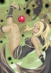  :d animal apple blonde_hair breasts cat dark_skin dusty_(gravity_daze) food fruit gravity_daze high_heels highres kitten_(gravity_daze) long_hair looking_at_viewer medium_breasts open_mouth red_eyes smile taka-michi teeth 