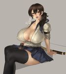  black_legwear blush bow_(weapon) breasts brown_eyes brown_gloves brown_hair covered_nipples eu03 gloves grey_background hair_between_eyes heavy_breathing highres huge_breasts japanese_clothes kaga_(kantai_collection) kantai_collection long_hair no_bra open_mouth sagging_breasts side_ponytail simple_background sitting skirt solo thighhighs weapon 
