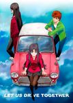  2boys black_hair blue_eyes car cigar emiya_shirou english fate/stay_night fate/zero fate_(series) ground_vehicle highres long_hair lord_el-melloi_ii mini_cooper motor_vehicle multiple_boys older on_vehicle orange_eyes red_hair right-hand_drive rust shirotsumekusa short_hair toosaka_rin waver_velvet 