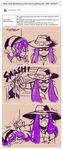  angry commentary english gameplay_mechanics green_eyes hat highres inkling multiple_girls octarian octoling purple_hair splatoon_(series) splatoon_1 sweat tamarinfrog 