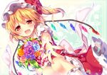  blonde_hair blush bouquet bow dress fang flandre_scarlet flower hat hat_bow looking_at_viewer mob_cap open_mouth outstretched_hand petals puffy_short_sleeves puffy_sleeves red_dress red_eyes riichu sash shirt short_sleeves side_ponytail smile solo touhou wings wrist_cuffs 