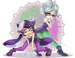  2girls aori_(splatoon) bike_shorts black_hair brown_eyes detached_collar domino_mask dress earrings fangs food food_on_head gii_(bikikosan) gloves green_legwear grey_hair hotaru_(splatoon) jewelry long_hair mask mole mole_under_eye multiple_girls object_on_head open_mouth paint_splatter pantyhose parted_lips pointy_ears purple_legwear shoes short_dress short_hair short_jumpsuit shorts shorts_under_skirt smile smirk splatoon_(series) splatoon_1 squatting standing tentacle_hair white_gloves 