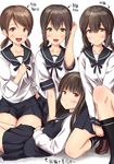  bangs black_hair blunt_bangs brown_eyes directional_arrow fubuki_(kantai_collection) green_eyes hatsuyuki_(kantai_collection) ichikawa_feesu isonami_(kantai_collection) kantai_collection looking_at_viewer multiple_girls open_mouth school_uniform serafuku shirayuki_(kantai_collection) skirt smile translated yellow_eyes 