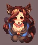  animal_ears bad_id bad_pixiv_id blush breasts brooch brown_background brown_hair cheong_ha collarbone dress fang imaizumi_kagerou jewelry long_hair long_sleeves looking_at_viewer medium_breasts open_mouth red_eyes simple_background solo touhou wolf_ears 