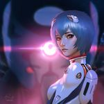  artist_name ayanami_rei backlighting blue_hair bodysuit hair_ornament light looking_at_viewer looking_back md5_mismatch mecha neon_genesis_evangelion parted_lips pink_eyes plugsuit raikoart resized signature solo upscaled white_bodysuit 