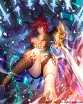  blue_eyes breasts cleavage dragon's_shadow earrings hair_over_one_eye highres jewelry kazari_tayu large_breasts long_hair official_art red_hair smile solo sword thighs weapon 
