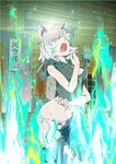  animal_ears black_hanekawa blue_fire bow bow_panties breasts burnt_clothes cat_ears fire hanekawa_tsubasa kneeling medium_breasts monogatari_(series) nekomonogatari open_mouth pain panties s.h.v short_hair solo torn_clothes underwear white_hair white_panties 