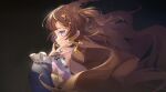  1girl anya_melfissa anya_melfissa_(1st_costume) black_background brown_hair bucketpurin earrings fingernails frilled_sleeves frills from_side highres hololive hololive_indonesia jewelry long_hair purple_eyes smile two_side_up very_long_hair virtual_youtuber 
