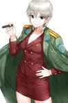  anastasia_(idolmaster) balalaika_(black_lagoon) balalaika_(black_lagoon)_(cosplay) black_lagoon blue_eyes breasts cigar cleavage commentary_request cosplay double-breasted earrings hand_on_hip idolmaster idolmaster_cinderella_girls jacket_on_shoulders jewelry kfr long_hair looking_at_viewer medium_breasts military military_uniform no_legwear silver_hair skirt solo soviet_union uniform 