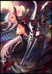  bad_id bad_pixiv_id blade_&amp;_soul center_opening long_hair looking_at_viewer na_in-sung orange_eyes pauldrons pink_hair skin_tight solo sword town very_long_hair weapon 