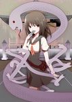  bag bangs blunt_bangs brown_hair covering_mouth monogatari_(series) s.h.v satchel school_uniform scrunchie sengoku_nadeko short_sleeves shrine snake solo talisman 