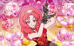  aikatsu! aikatsu!_(series) akagi_towa choker commentary_request dress flower gloves go!_princess_precure jewelry long_hair mouth_hold nasunasukirepanda parody precure red_eyes red_hair rose smile solo strapless 