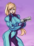  absurdres artist_name bangs blonde_hair blue_eyes bodysuit breasts collaboration colorized contrapposto covered_navel cowboy_shot djok3 elee0228 gloves gun halftone halftone_background handgun hands_together high_ponytail highres holding holding_weapon lips long_hair looking_at_viewer medium_breasts metroid muscle muscular_female pistol ponytail purple_background samus_aran serious sidelocks skin_tight solo standing swept_bangs taut_clothes thick_thighs thighs trigger_discipline turtleneck very_long_hair weapon zero_suit 