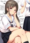  bad_id bad_pixiv_id black_hair brown_eyes cellphone check_translation chin_rest crossed_legs diagram directional_arrow highres ichikawa_feesu looking_at_viewer multiple_girls neckerchief original phone school_uniform serafuku skirt smartphone translation_request 