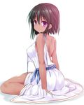  ass back bare_shoulders black_hair breasts dark_skin dress idolmaster idolmaster_cinderella_girls large_breasts looking_at_viewer looking_back natalia_(idolmaster) off_shoulder partially_undressed purple_eyes sen_(astronomy) short_hair simple_background sitting smile solo sundress untied wariza white_background white_dress 