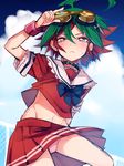  :&lt; ahoge blush bulge choker crossdressing goggles goggles_on_head green_hair highres male_focus midriff miyukiyo multicolored_hair panties pantyshot red_hair sakaki_yuuya school_uniform skirt solo sweatdrop two-tone_hair underwear yuu-gi-ou yuu-gi-ou_arc-v 