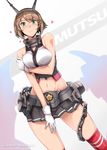  artist_name bare_shoulders blush breasts brown_hair chain character_name gloves green_eyes hairband harukon_(halcon) headband headgear heart highres kantai_collection large_breasts looking_at_viewer midriff miniskirt mutsu_(kantai_collection) navel short_hair skirt smile solo thighhighs white_gloves 