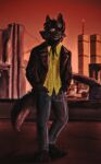 anthro black_body black_fur bottomwear bridge building canid canine canis city city_background clothing danny_(wolfy) dante_timberwolf denim denim_bottomwear denim_clothing detailed_background fur green_clothing green_shirt green_topwear hand_in_pocket hi_res jacket jeans leather leather_clothing leather_jacket leather_topwear male mammal new_york_city pants pockets shirt skyscraper solo standing sunset topwear wolf