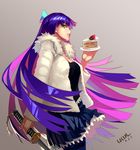  artist_name breasts cake cleavage dated food frills fruit fur_trim highres jacket katana large_breasts lolik long_hair multicolored_hair panty_&amp;_stocking_with_garterbelt pantyhose profile purple_hair skirt solo stocking_(psg) strawberry sword very_long_hair weapon 