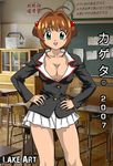  90s breasts brown_hair cardcaptor_sakura kageta_(tracefag) kinomoto_sakura lake_art looking_at_viewer miniskirt older open_clothes open_shirt school_uniform shirt short_hair skirt smile 