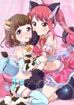  animal_ears animal_print asahina_kokomi battle_girl_high_school bell bell_collar blue_eyes blush breasts brown_hair cat_ears collar cow_bell cow_ears cow_girl cow_horns cow_print cow_tail fake_animal_ears gloves hasumi_urara highres horns long_hair looking_at_viewer medium_breasts multiple_girls neki_(wakiko) official_style paw_gloves paws red_hair tail thighhighs twintails yellow_eyes 