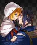  anger_vein aqua_eyes blonde_hair blue_eyes blue_hair checkered checkered_background hood imminent_kiss japanese_clothes male_focus mikazuki_munechika multiple_boys sayagata smile touken_ranbu verus yamanbagiri_kunihiro yaoi 