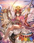  animal armor bangs bare_legs barefoot black_hair bow brown_hair character_request cherry_blossoms coin_(ornament) company_name crown dragon's_shadow feathers floral_print flower flower_wings flying frills hair_ornament haori holding holding_staff horse horseback_riding japanese_clothes kimono long_hair mountain obi official_art outstretched_arms print_kimono red_ribbon ribbon ribbon-trimmed_sleeves ribbon_trim riding sash short_kimono sidesaddle sitting sky solo staff sun sunrise tassel tree upskirt watermark wide_sleeves wings yellow_eyes yna 