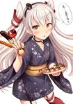  amatsukaze_(kantai_collection) candy_apple chocolate_banana food hair_tubes hairband highres hot_dog ichikawa_feesu japanese_clothes kantai_collection kimono long_hair looking_at_viewer red_legwear solo takoyaki thighhighs translated two_side_up white_hair wide_sleeves yukata 