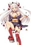  amatsukaze_(kantai_collection) bare_shoulders between_breasts black_panties blush breasts candy_apple food highres hot_dog ichikawa_feesu kantai_collection ketchup long_hair looking_at_viewer mustard off_shoulder open_mouth panties red_legwear small_breasts smoke solo takoyaki tears thighhighs torn_clothes two_side_up underwear white_hair 